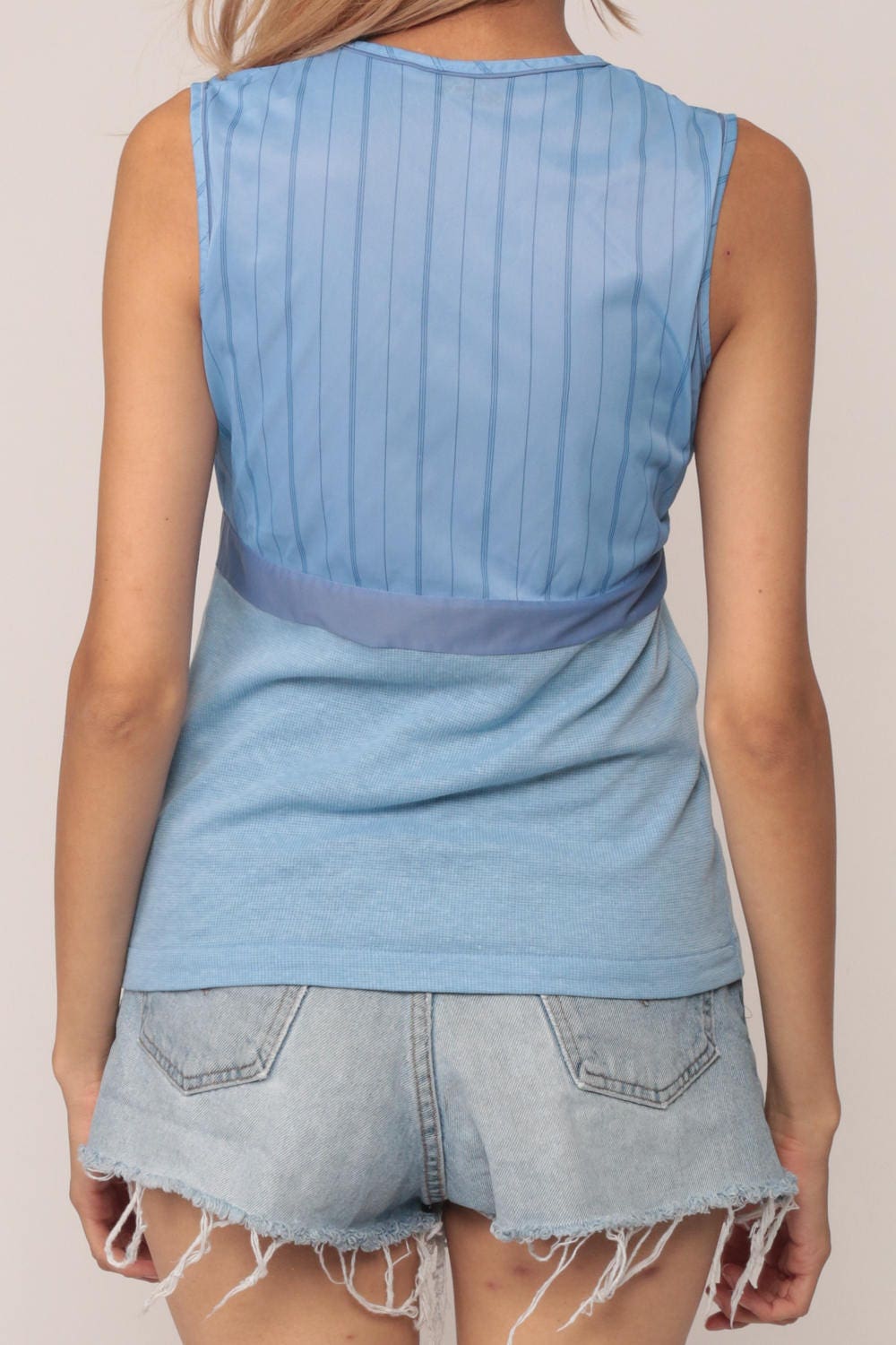 80s Blue Striped Tank Top Nylon Sleeveless Shirt Small