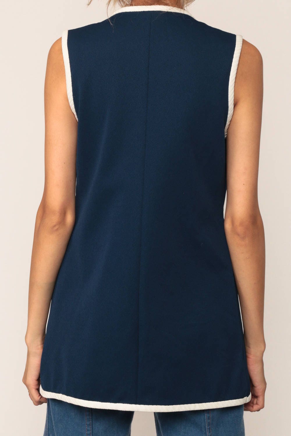 70s Navy Vest Top Sleeveless Open Front White Trim Small Medium