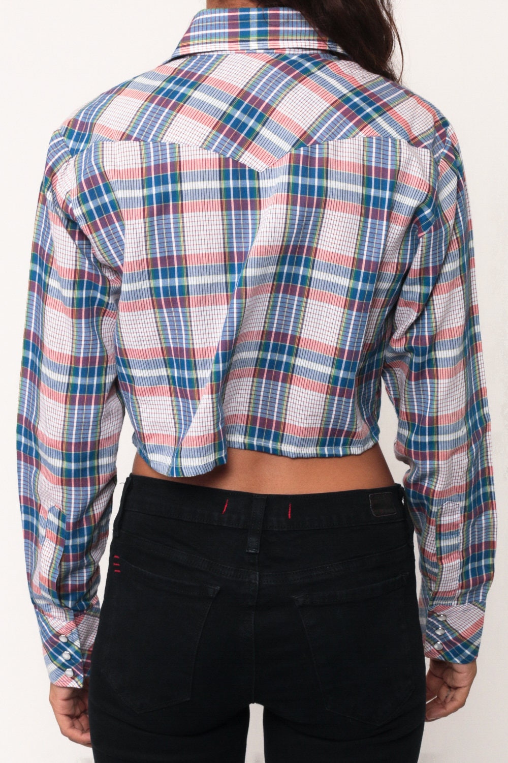 70s Blue Plaid Pearl Snap Western Crop Blouse Long Sleeve Small