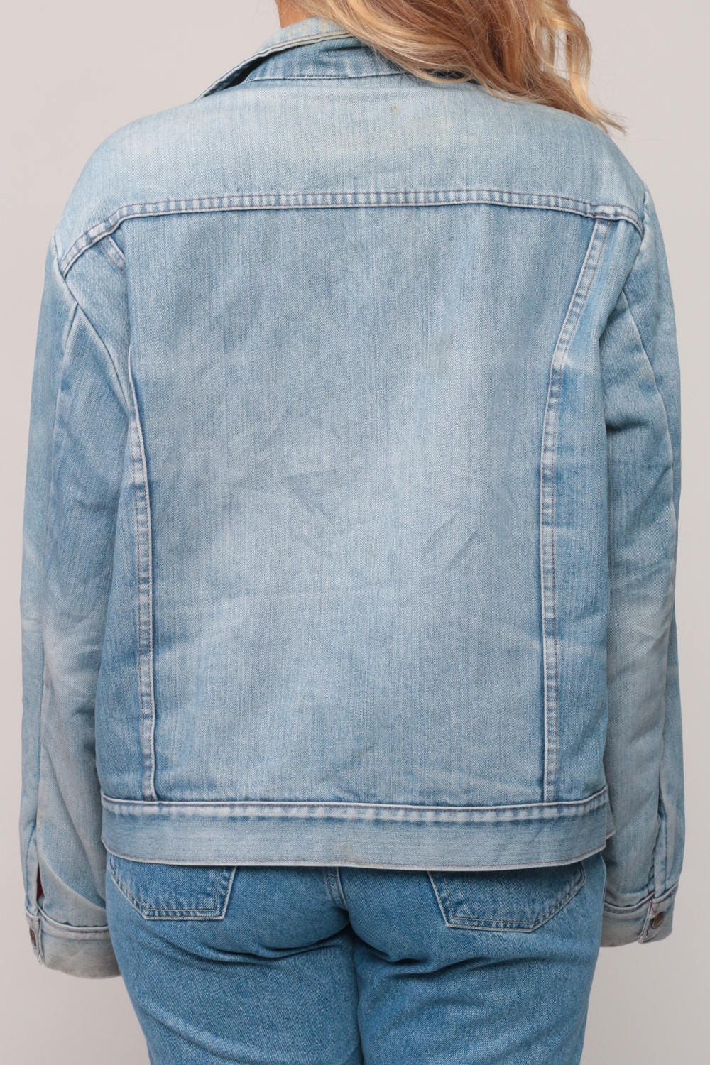 70s Blue Denim Jacket Quilted Red Lining Unisex Snap Front Extra Large