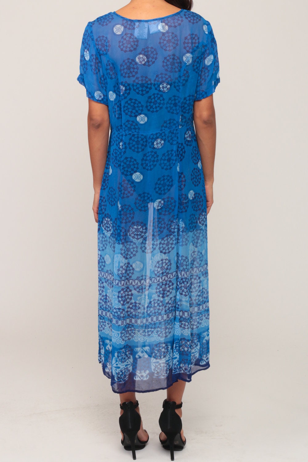 90s Blue Geometric Rayon Maxi Dress Button-Up High Slit Short Sleeve Small Medium