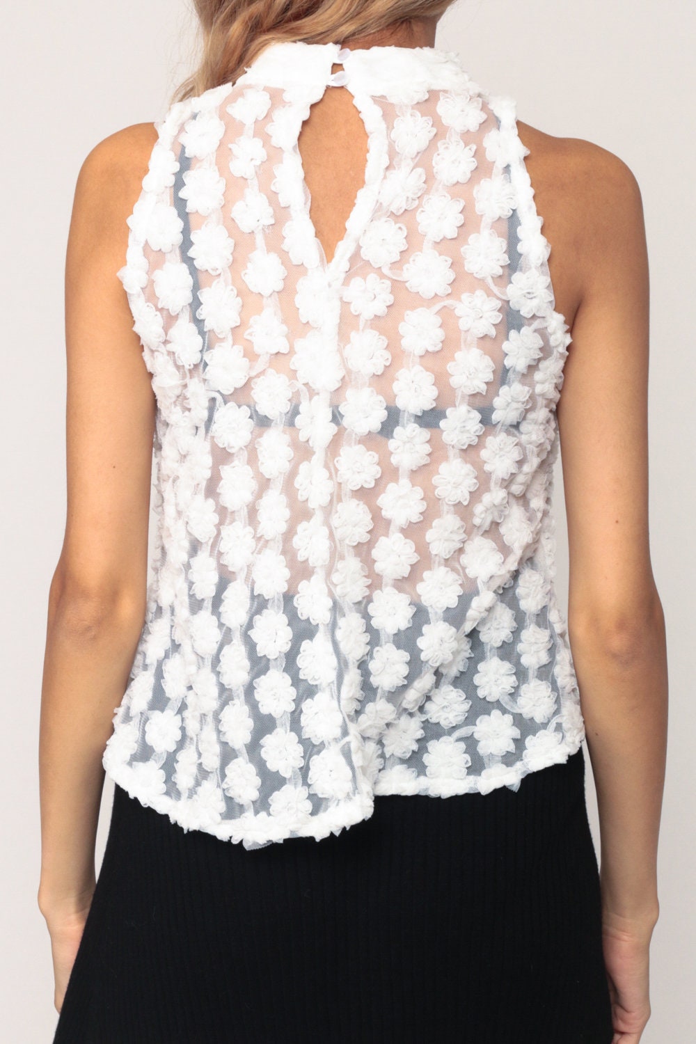90s White Mesh Tank Top Sheer High Neck Floral Appliqué Small