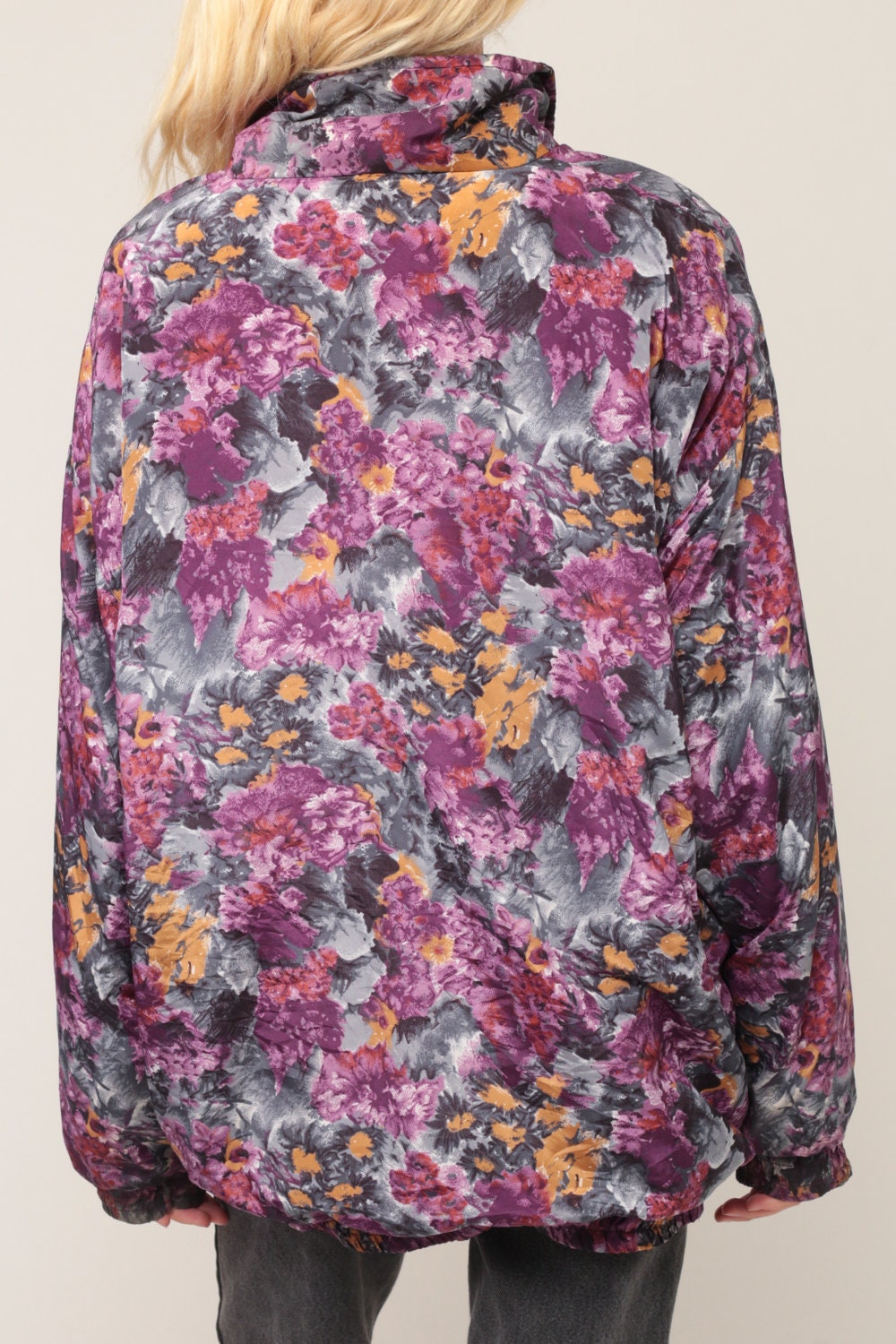 90s Purple Floral Windbreaker Jacket Nylon Zip Front Large