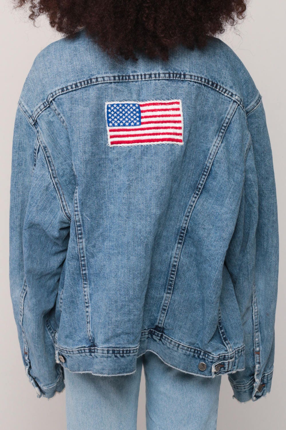80s Lee Denim Jacket American Flag Eagle Patch Blue Unisex Extra Large