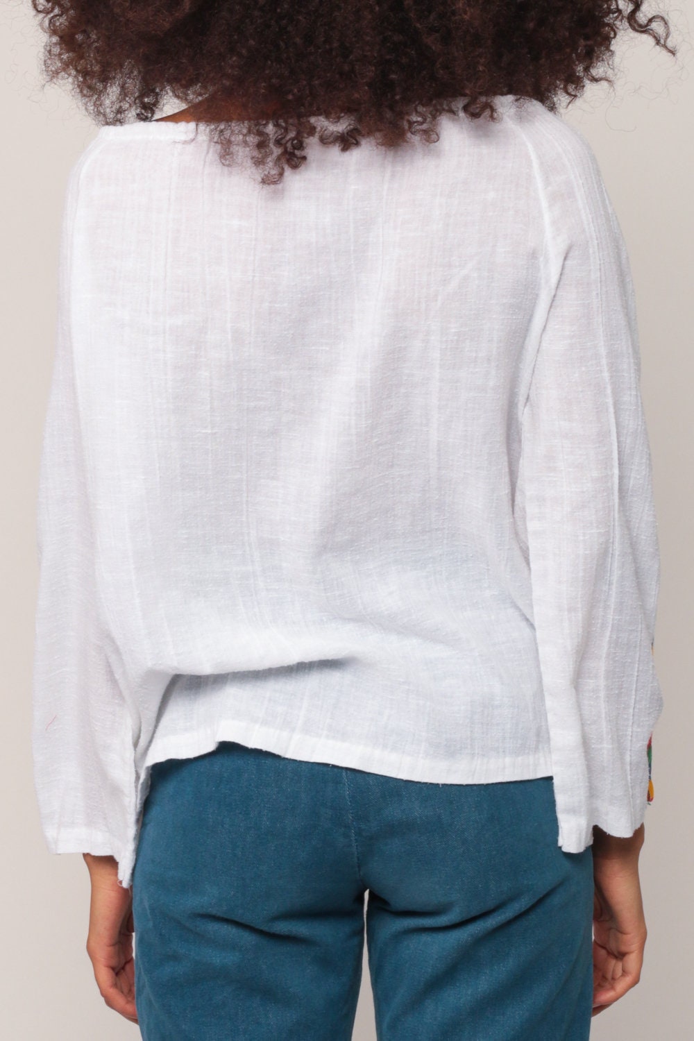 70s White Cotton Peasant Blouse Long Sleeve Drawstring Tunic Medium Large