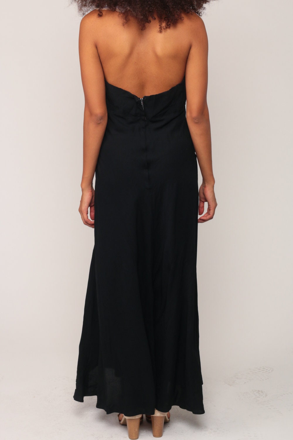 70s Black Maxi Dress Halter Neck White Ruffle Deep V Empire Waist Medium