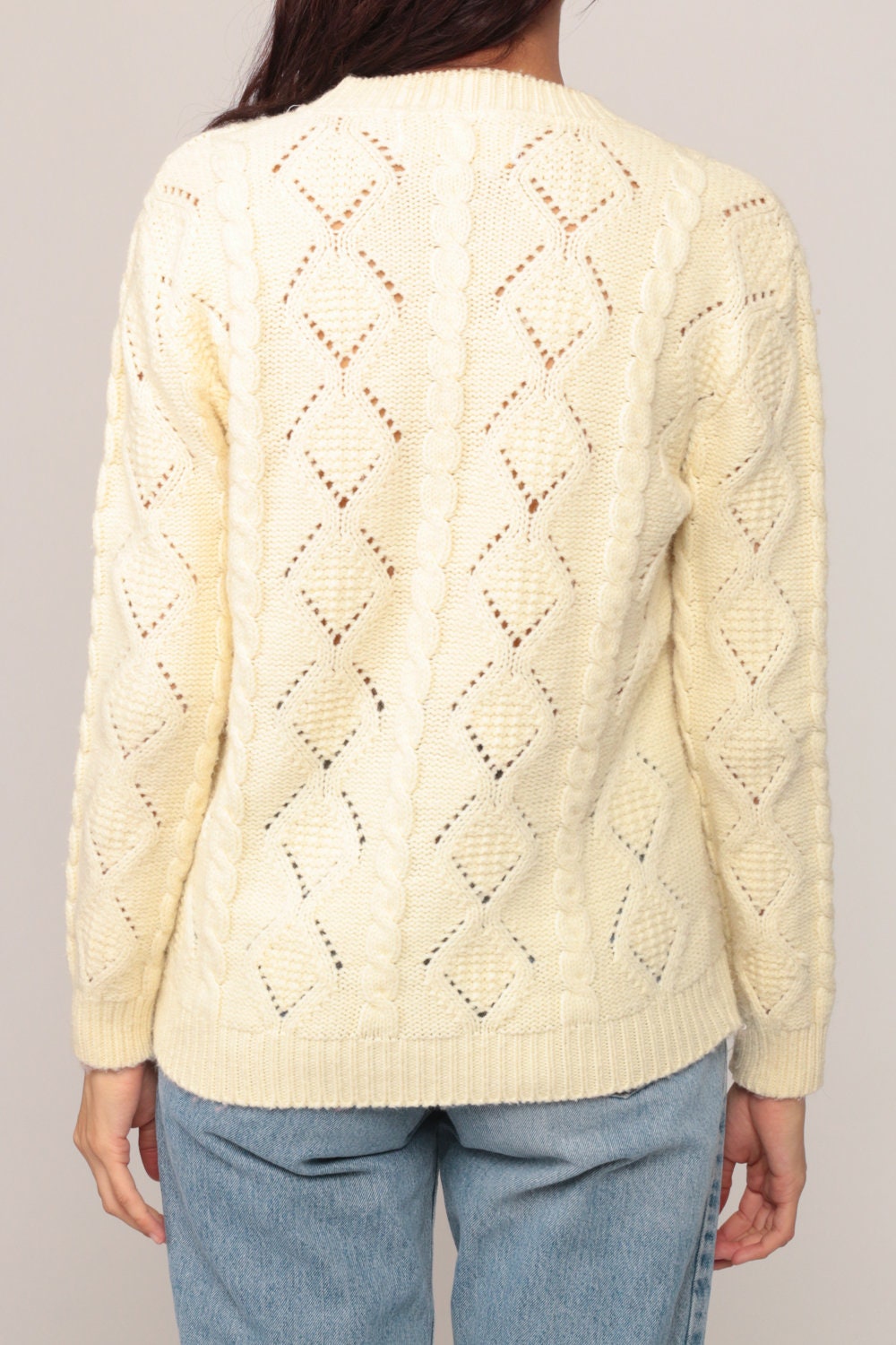 80s Wool Cable Knit Sweater Cream Fisherman Pullover Diamond Cutout Large