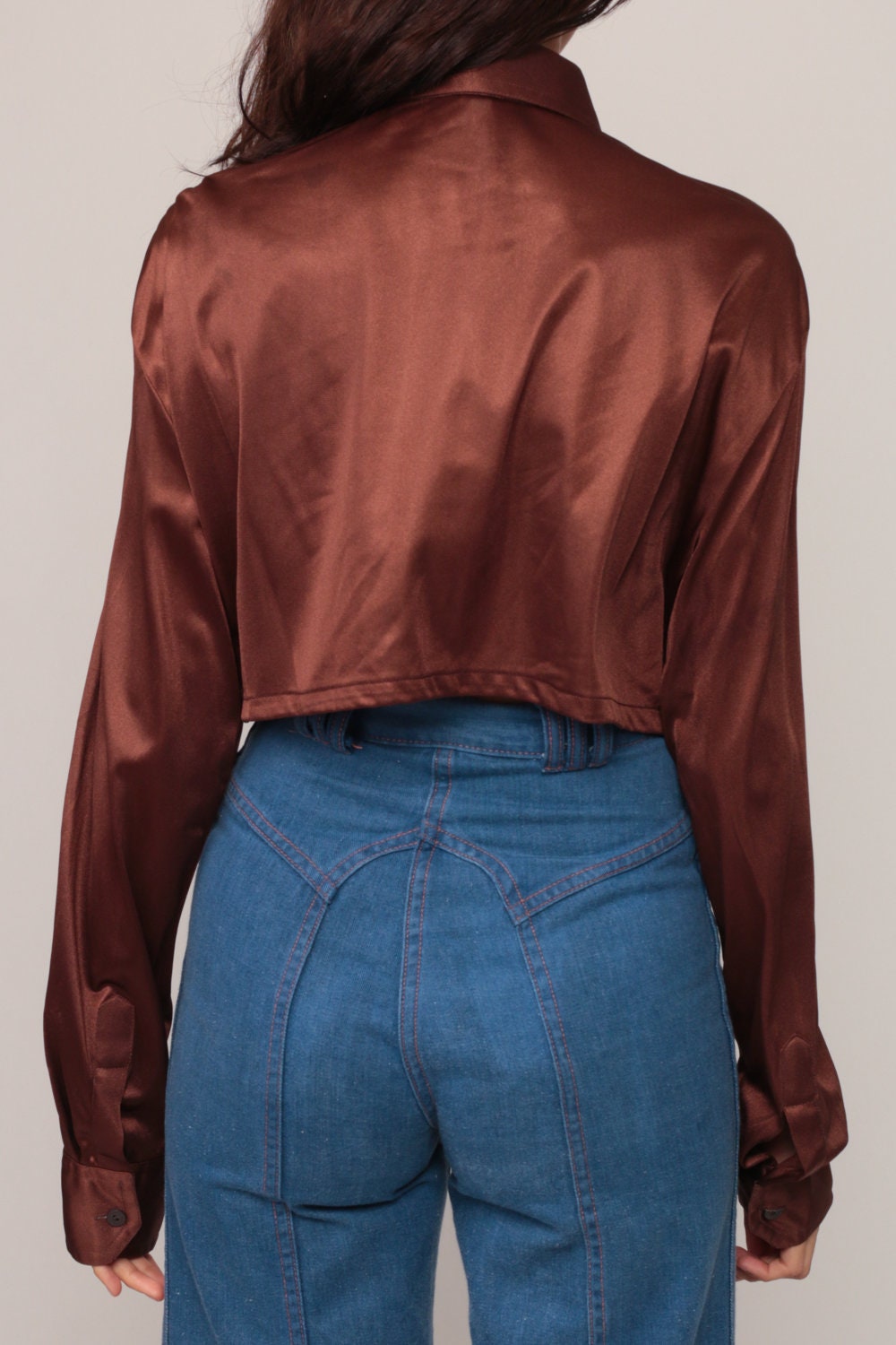 70s Brown Silky Crop Top Long Sleeve Button Up Shirt Large
