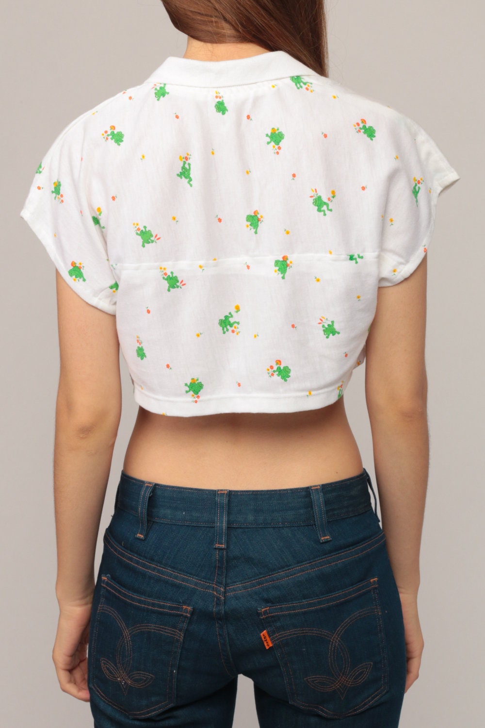 70s Frog Print Crop Top T-Shirt Cap Sleeve Cotton Blend Small