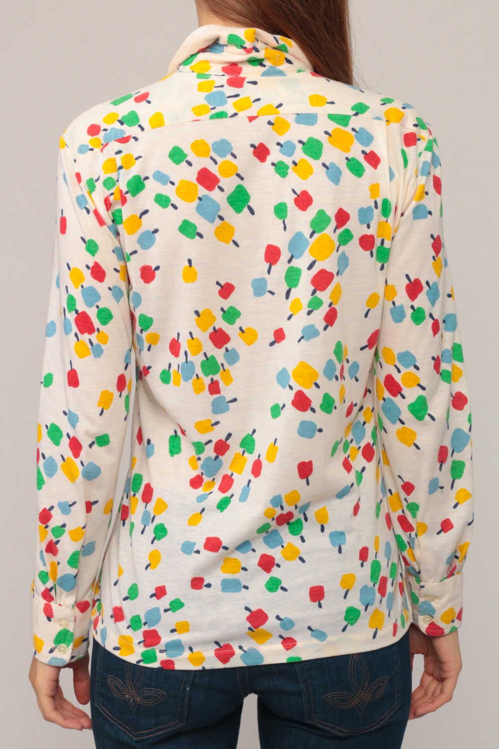 70s Givenchy Apple Print Blouse Cotton Button Up Long Sleeve Small