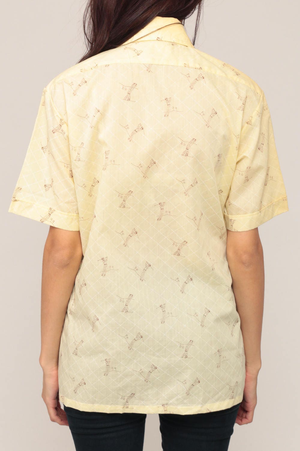 70s Golf Print Shirt Yellow Button Up Novelty Disco Collar Medium