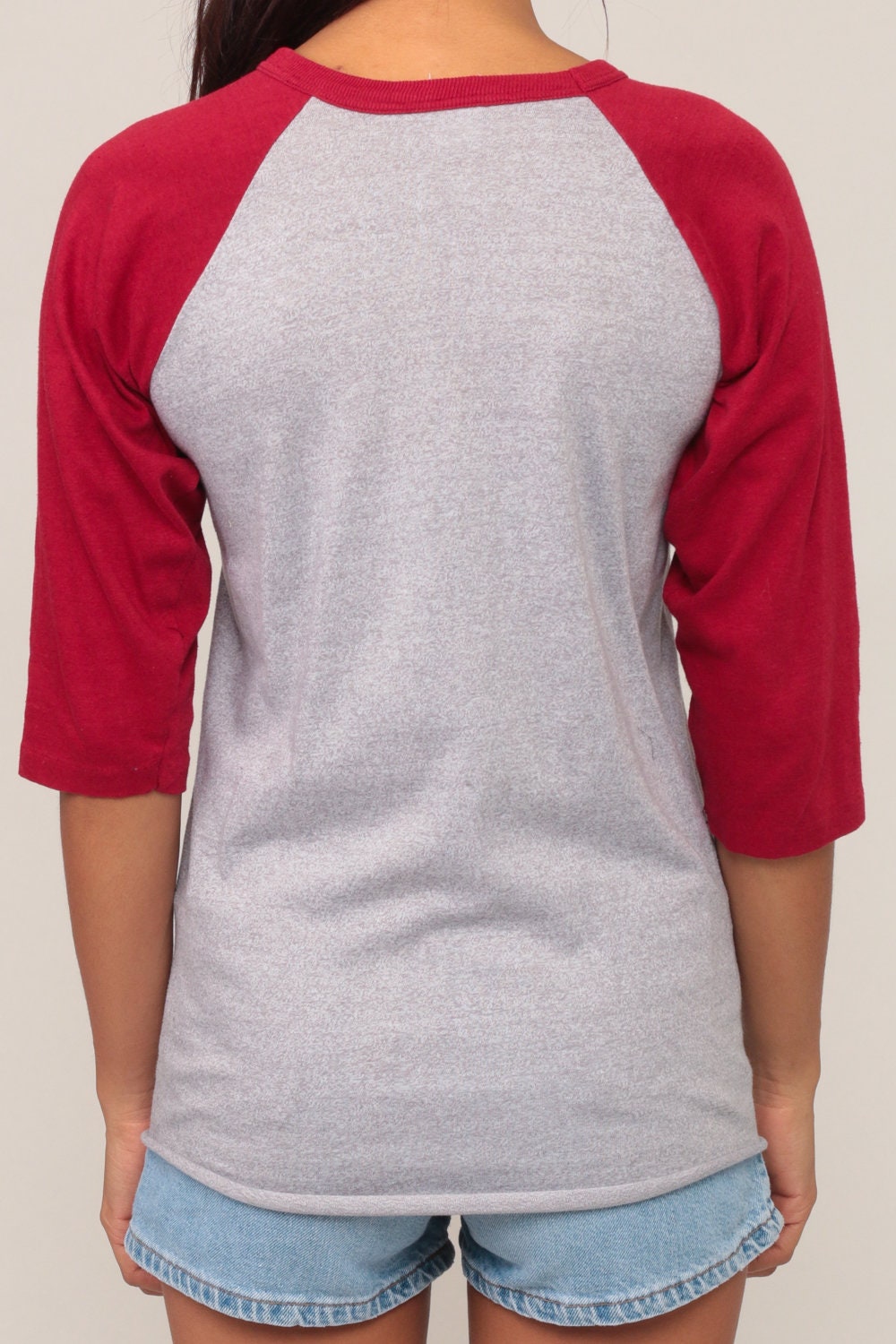 80s Wisconsin University Lacrosse Baseball Tee Ringer 3/4 Sleeve Grey Extra Small