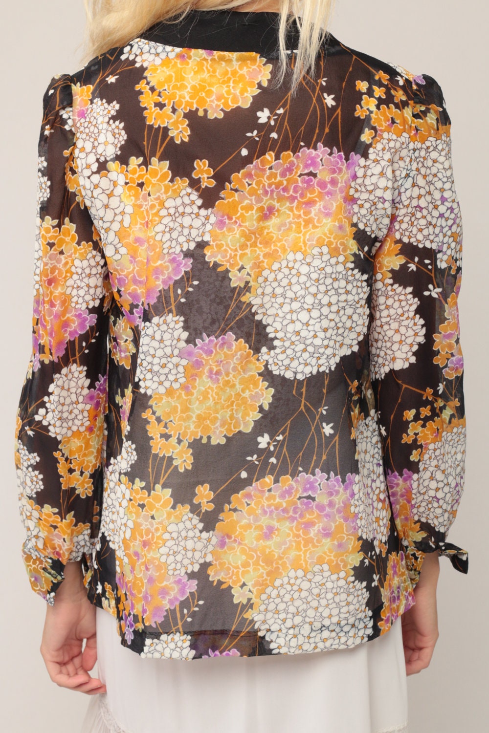 70s Floral Sheer Jacket Black Yellow Purple Open Front Kimono Small Medium Large