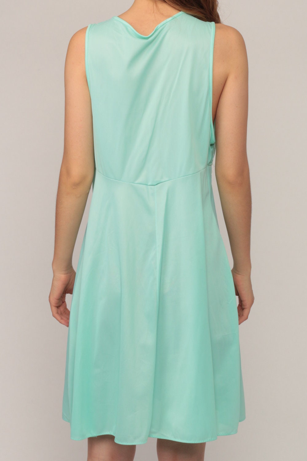 70s Seafoam Green Nylon Nightgown Mini Slip Dress Empire Waist Plunge Large