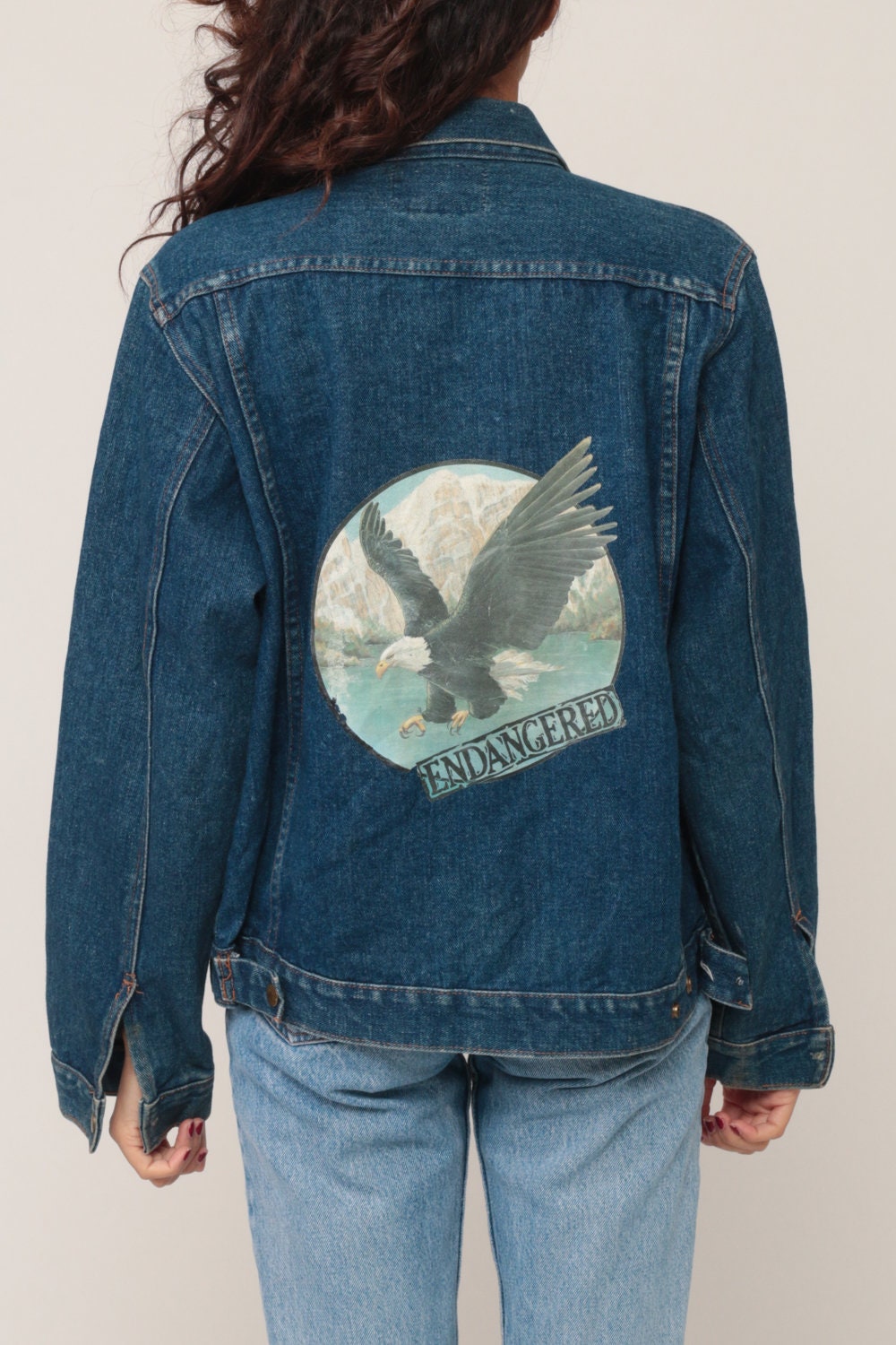 80s Bald Eagle Endangered Denim Jacket Blue Jean Snap Button Extra Small