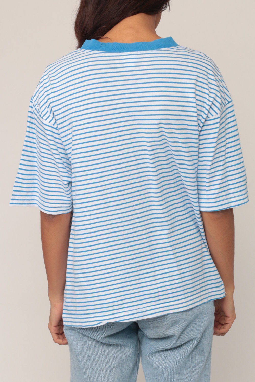90s Blue & White Striped Ringer T-Shirt Unisex Cotton Tee Large