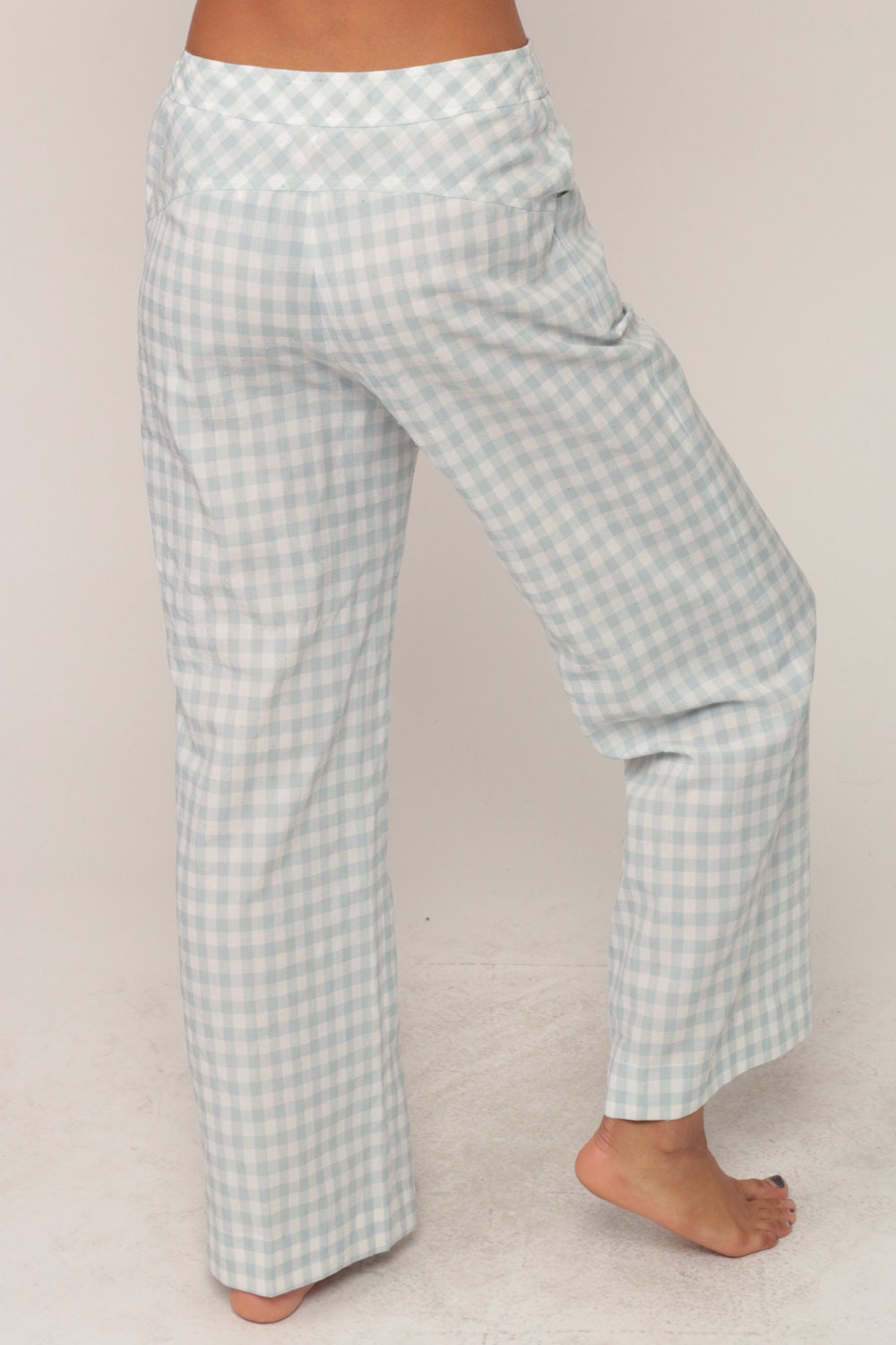 70s Green White Gingham Wide Leg Trousers High Waist Plaid Small