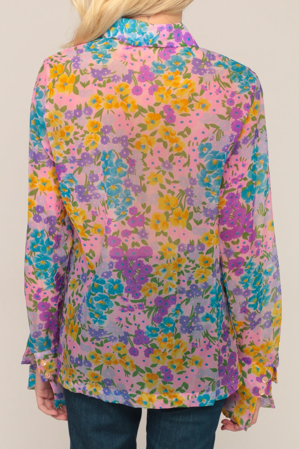 70s Floral Sheer Button-Up Blouse Purple Pink Blue Long Sleeve Medium Large