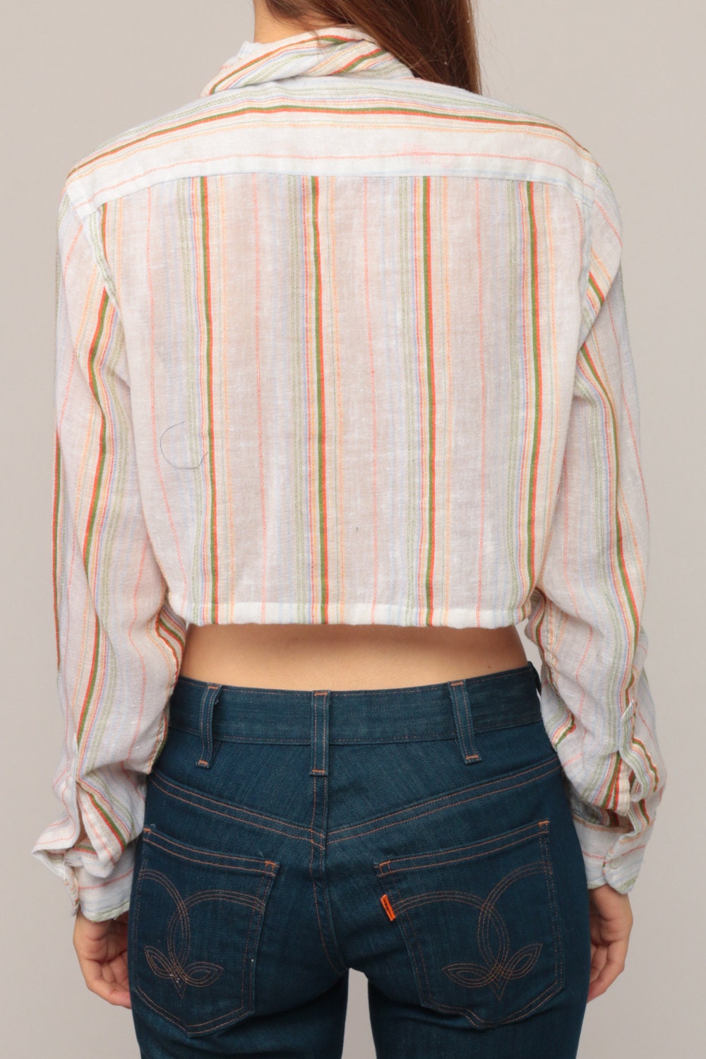 70s Striped Cotton Crop Top Button-Up Blouse Long Sleeve White Small