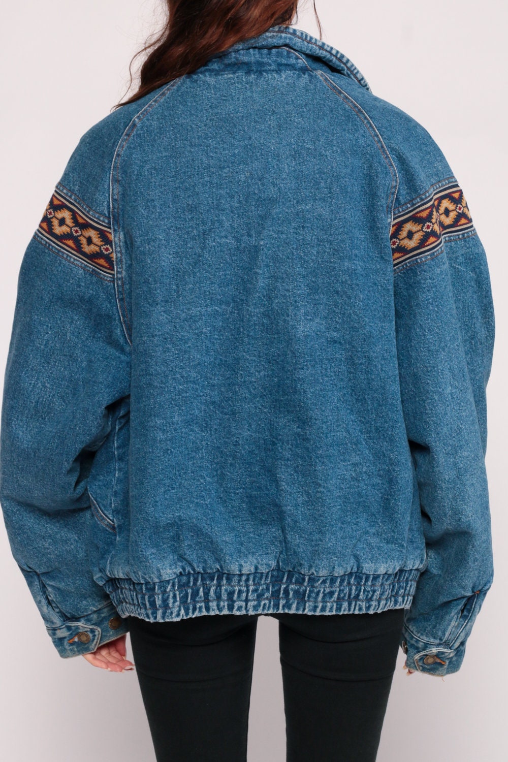 80s Denim Jacket Tribal Trim Blue Jean Bomber Medium Large
