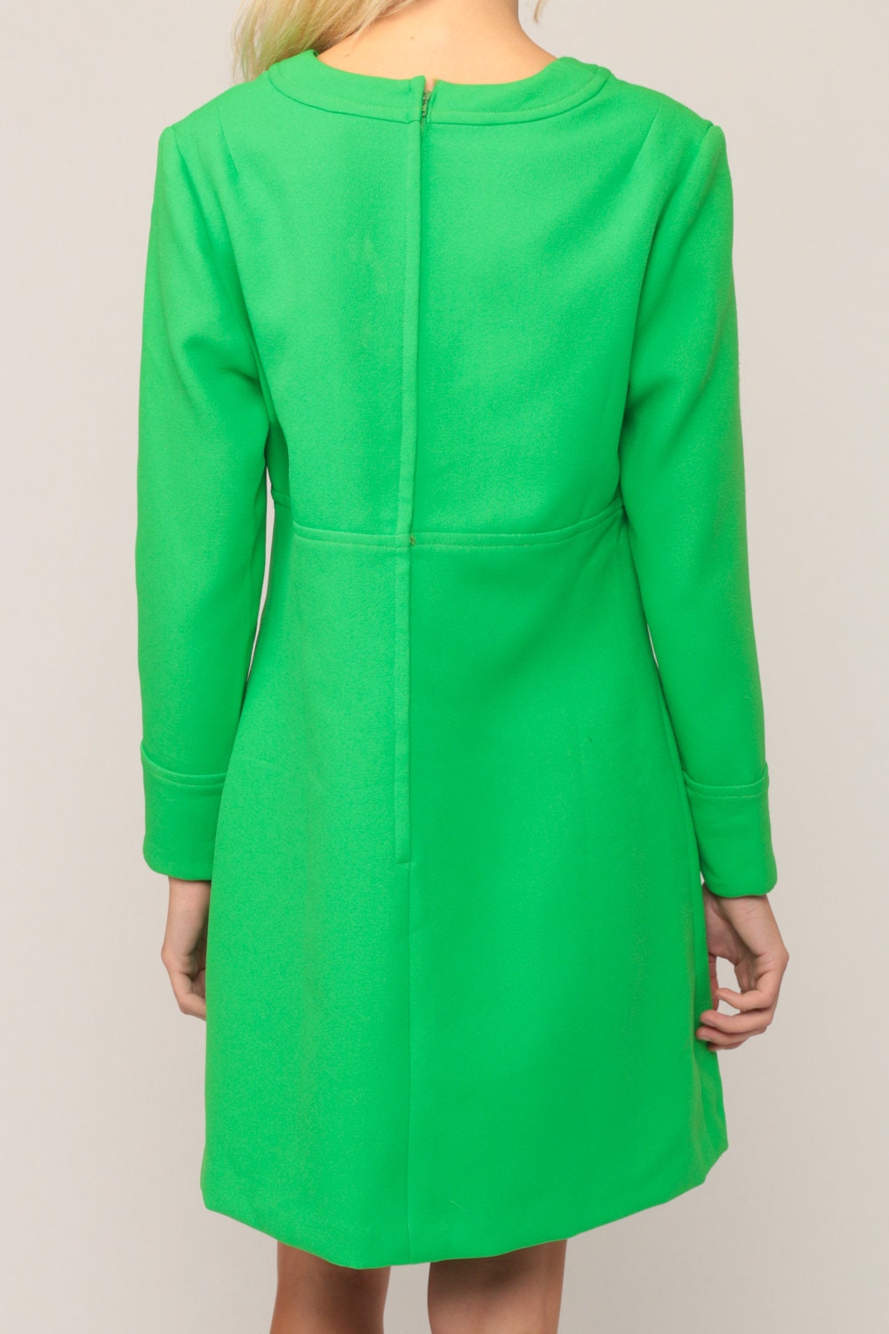 70s Green Mini Dress Empire Waist V Neck Long Sleeve Babydoll Large