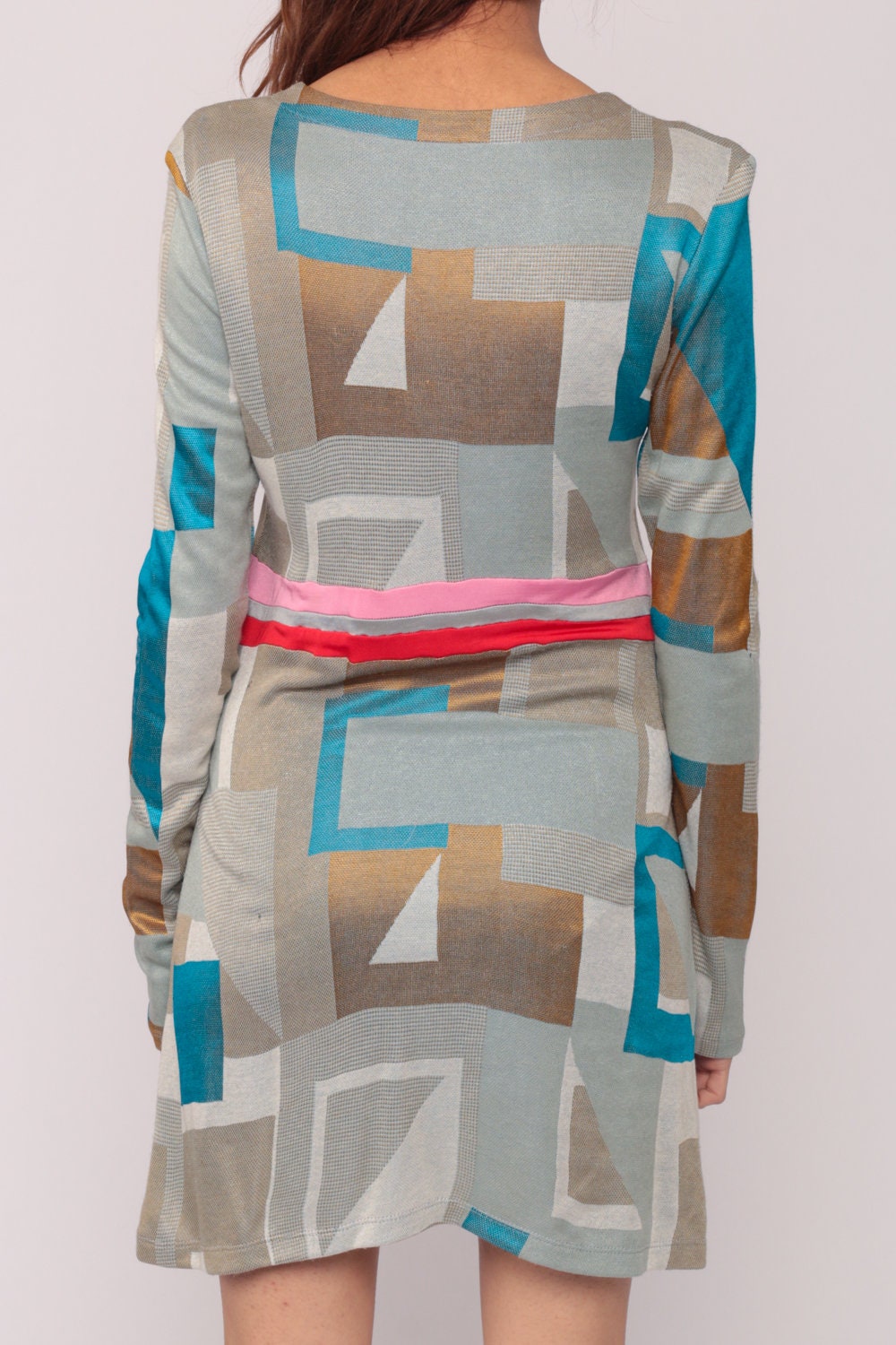 90s Geometric Colour Block Empire Waist Mini Dress Long Sleeve Deep V Grey Small