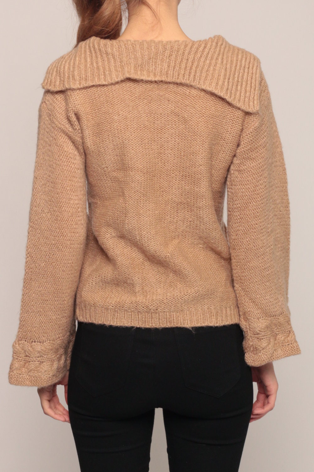 70s Tan Cable Knit Sweater Sailor Collar Semi-Sheer Pullover Medium