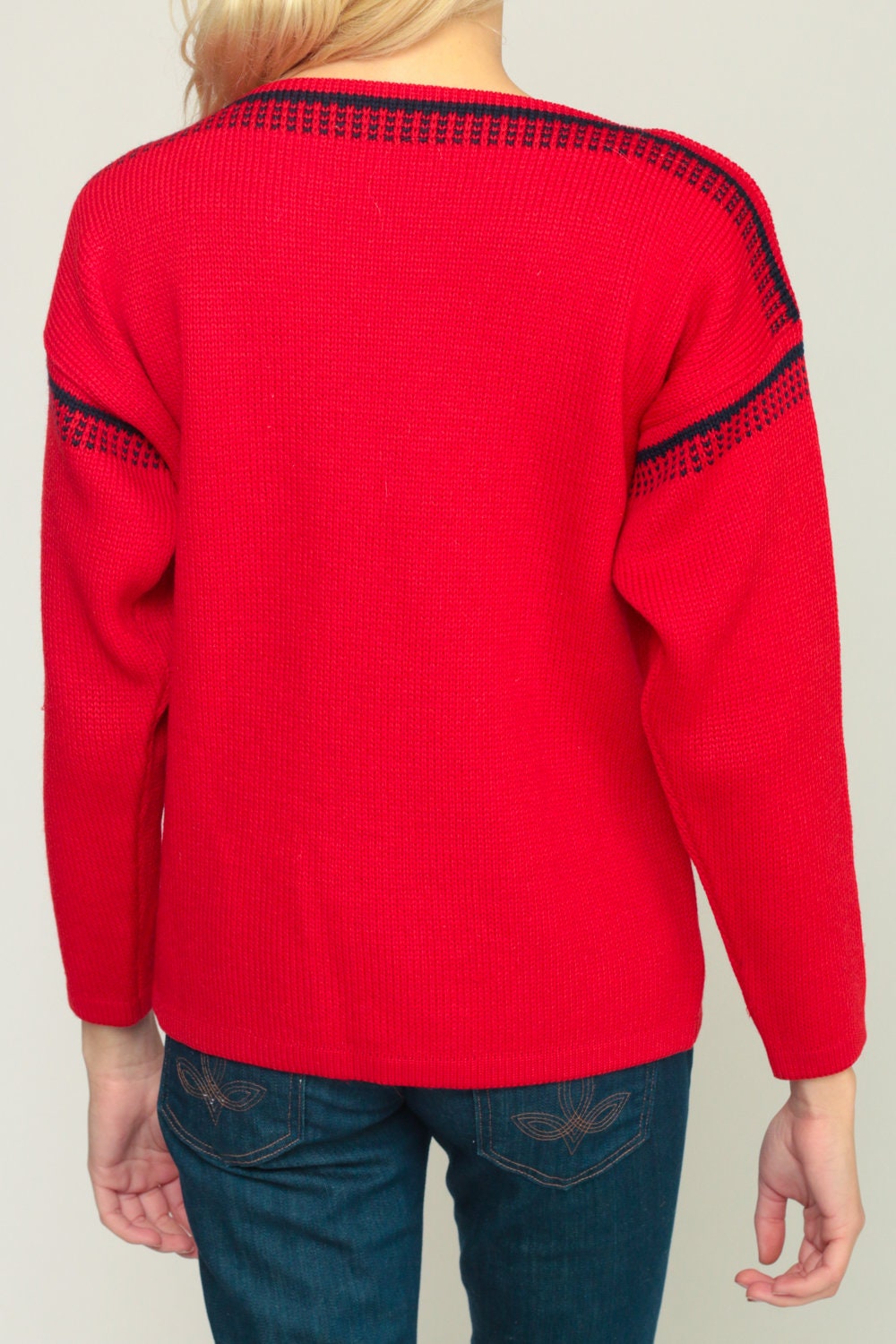 70s Red Boatneck Knit Sweater Pullover Jumper Medium Large