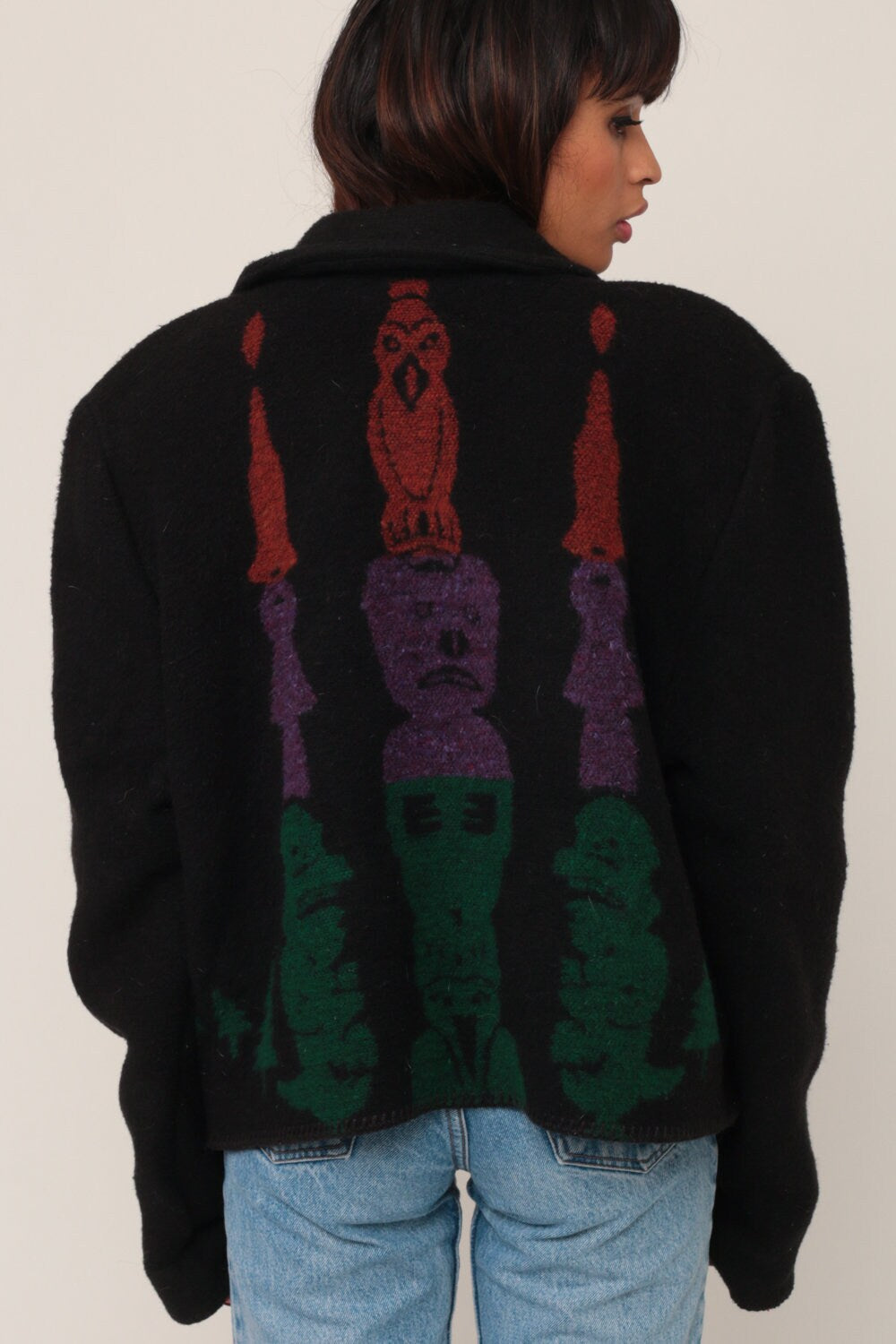 90s Totem Pole Animal Print Wool Jacket Black Extra Large XXL
