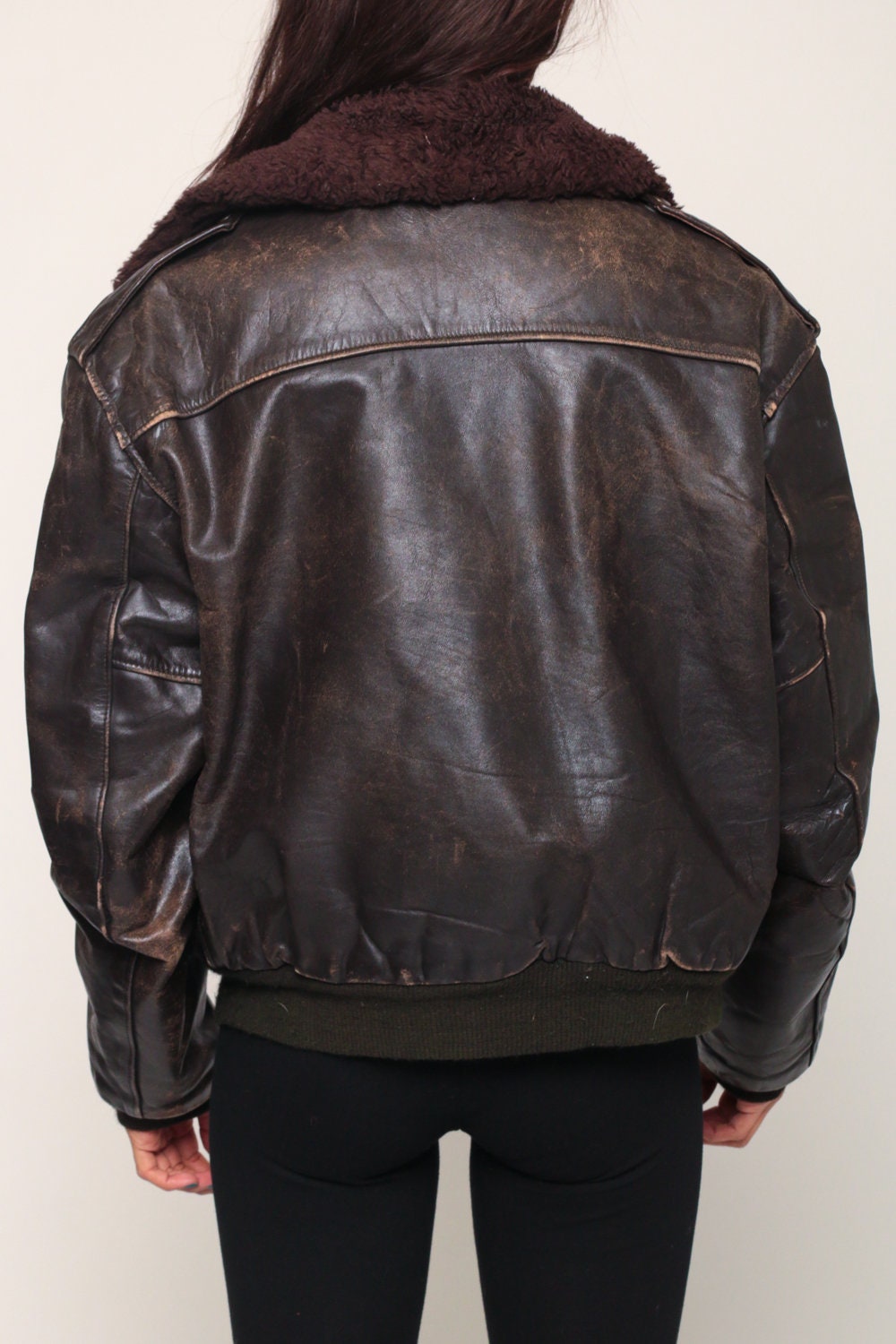 80s Brown Leather Bomber Jacket Faux Fur Collar Unisex Large