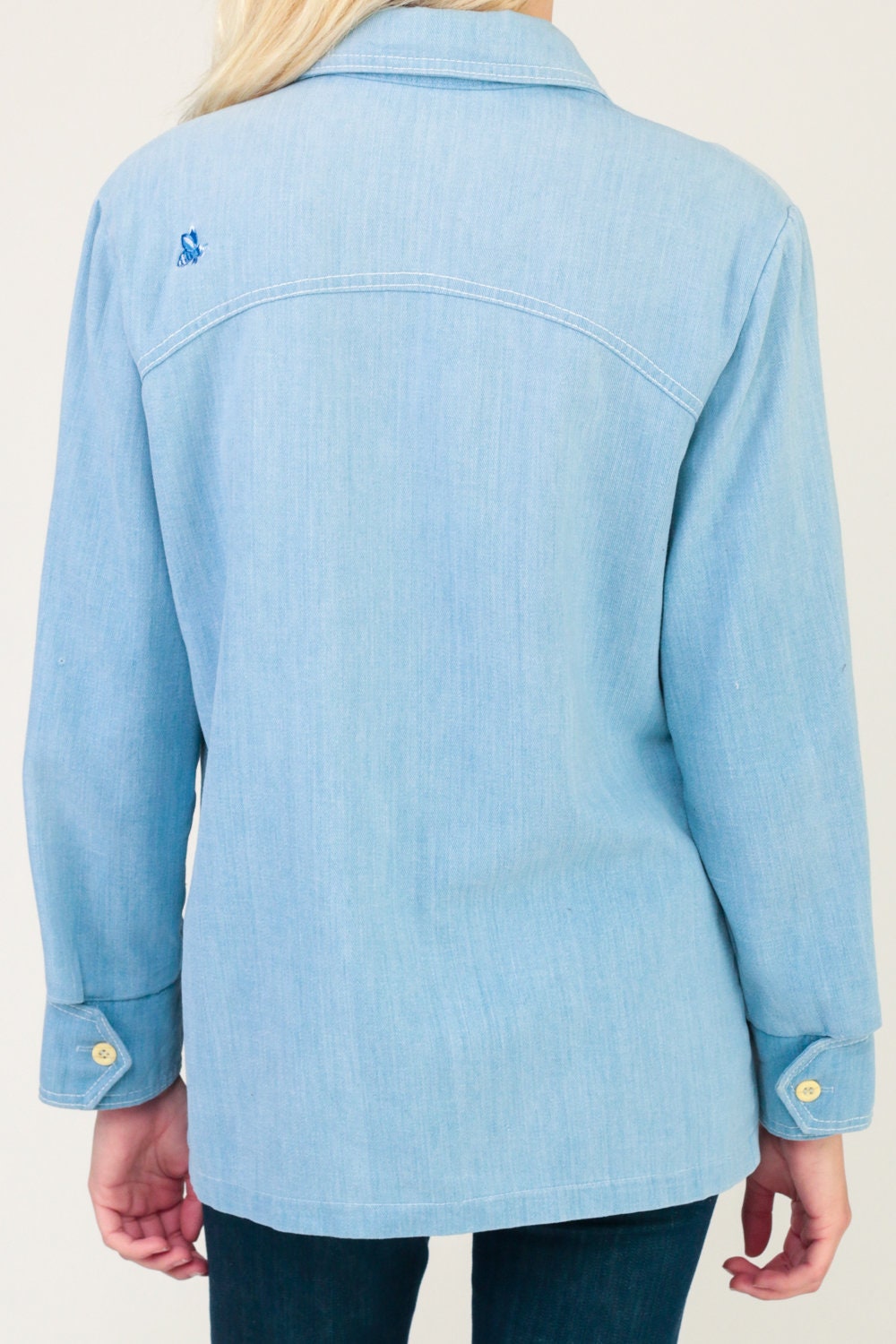 70s Blue Denim Shirt Embroidered Bee Floral Button Up Long Sleeve Medium Large