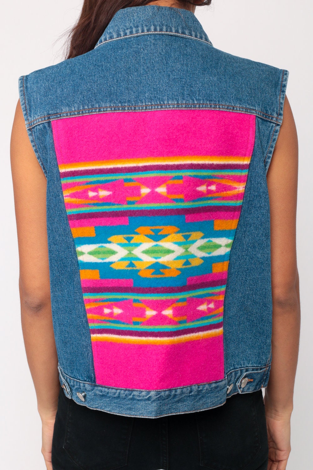 90s Pendleton Denim Vest Southwestern Wool Print Blue Jean Top Medium