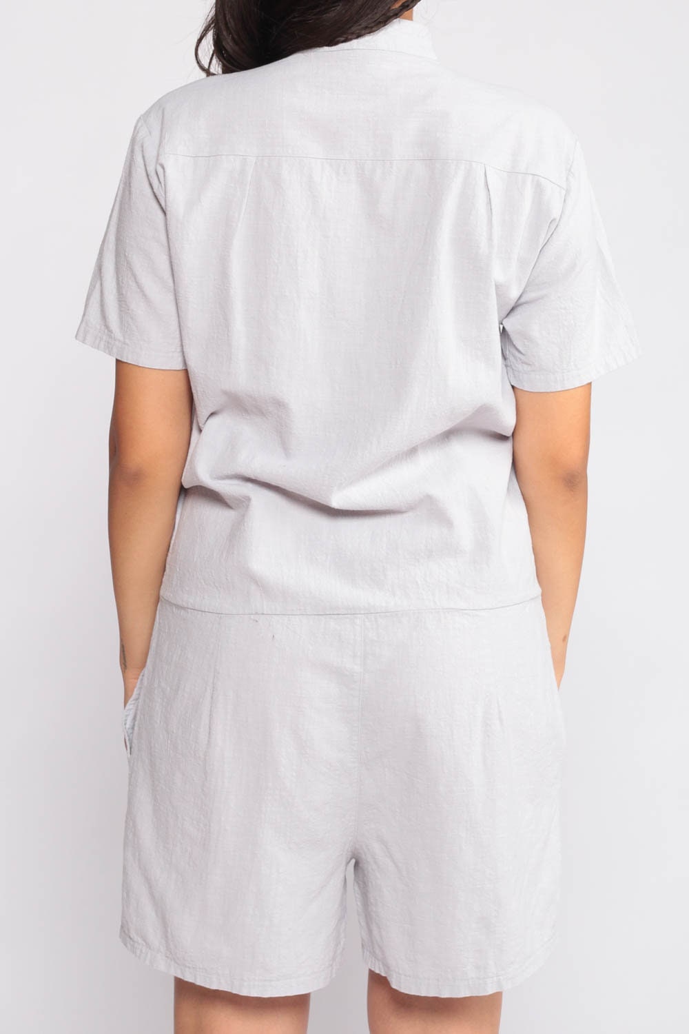 80s Grey Cotton Romper Playsuit Zip Front Pockets Short Sleeve Medium