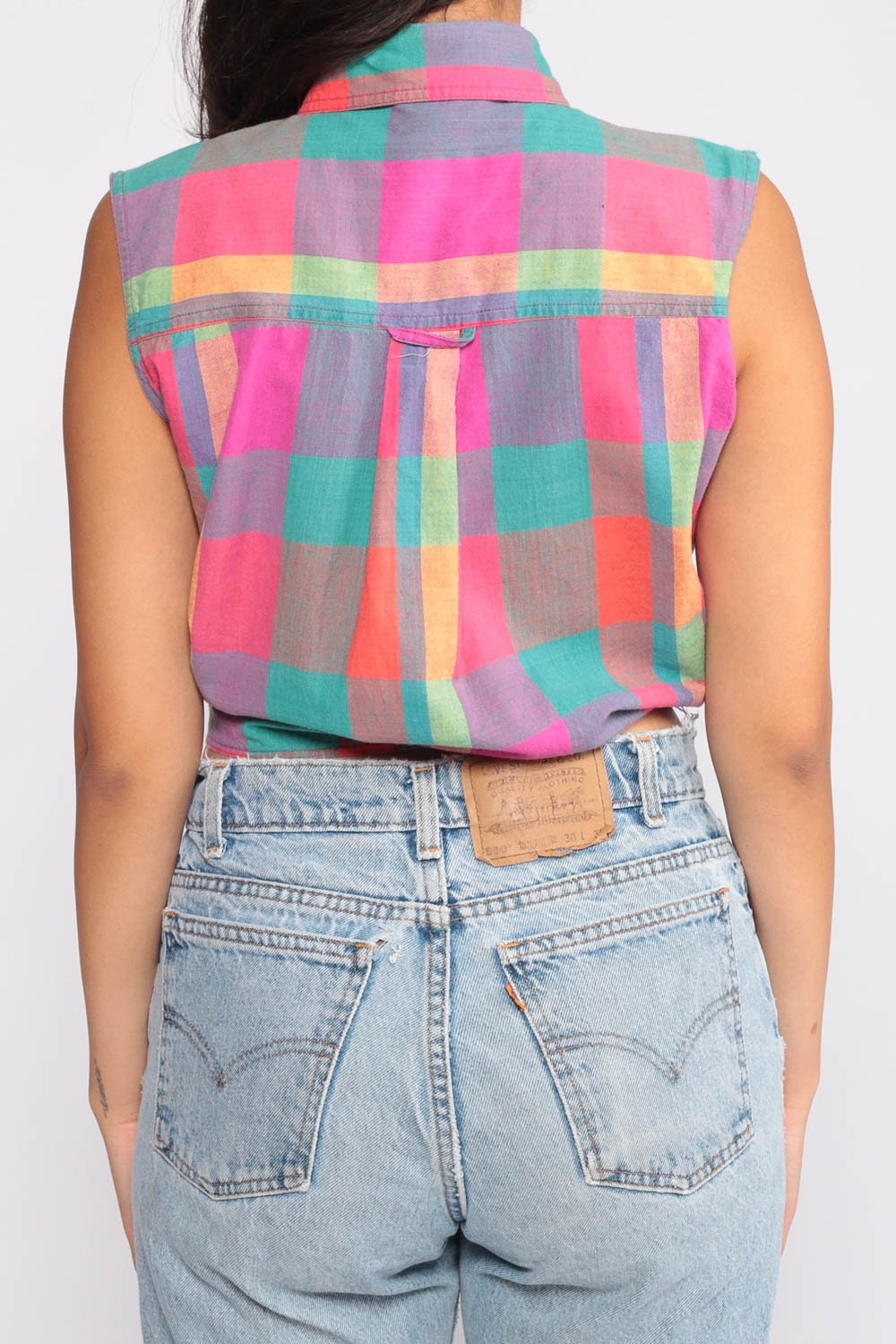 90s Plaid Crop Blouse Sleeveless Button-Up Tie Waist Pink Turquoise Medium