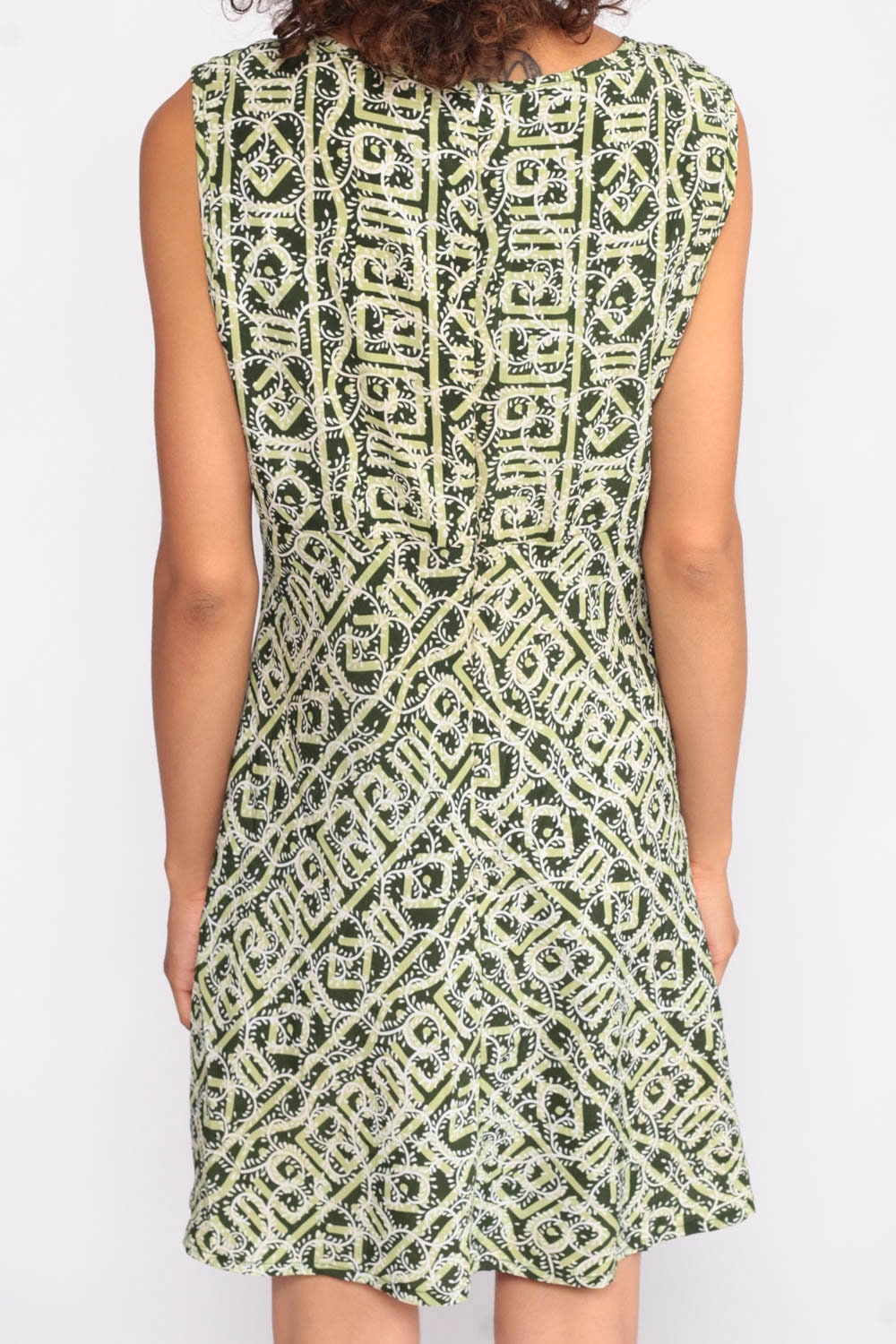 90s Babydoll Dress Tribal Print Empire Waist Mini Green Small