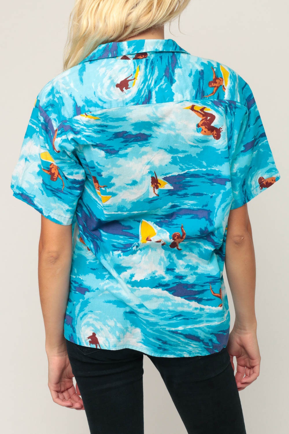 80s Hawaiian Surfer Shirt Button Up Tropical Print Blue Unisex Medium Large
