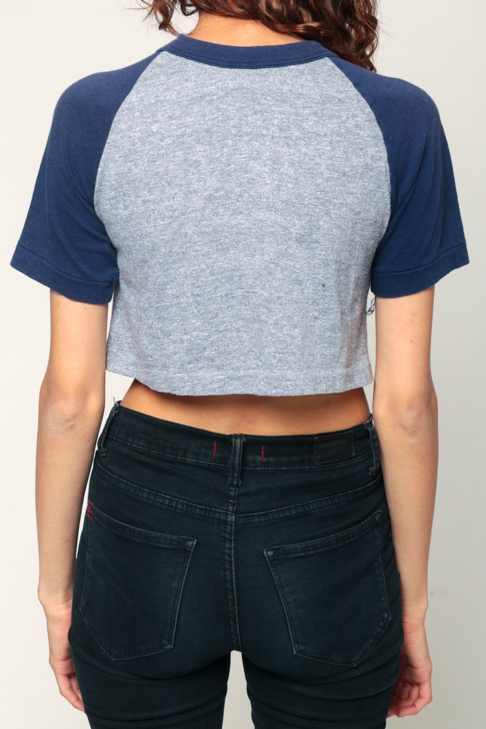 90s Daytona Beach Ringer Tee Crop Top Raglan Sleeve Grey Small