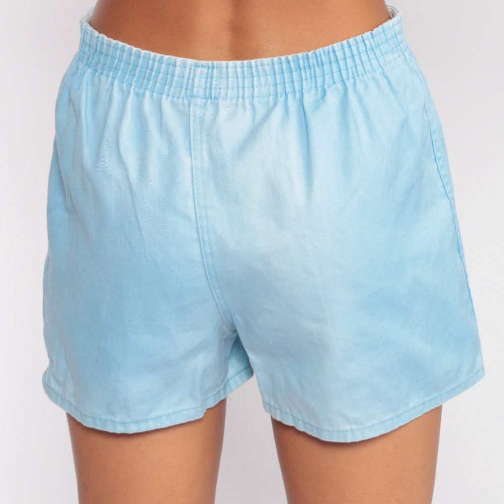 80s Baby Blue Running Shorts High Waist Elastic Denim Small Medium