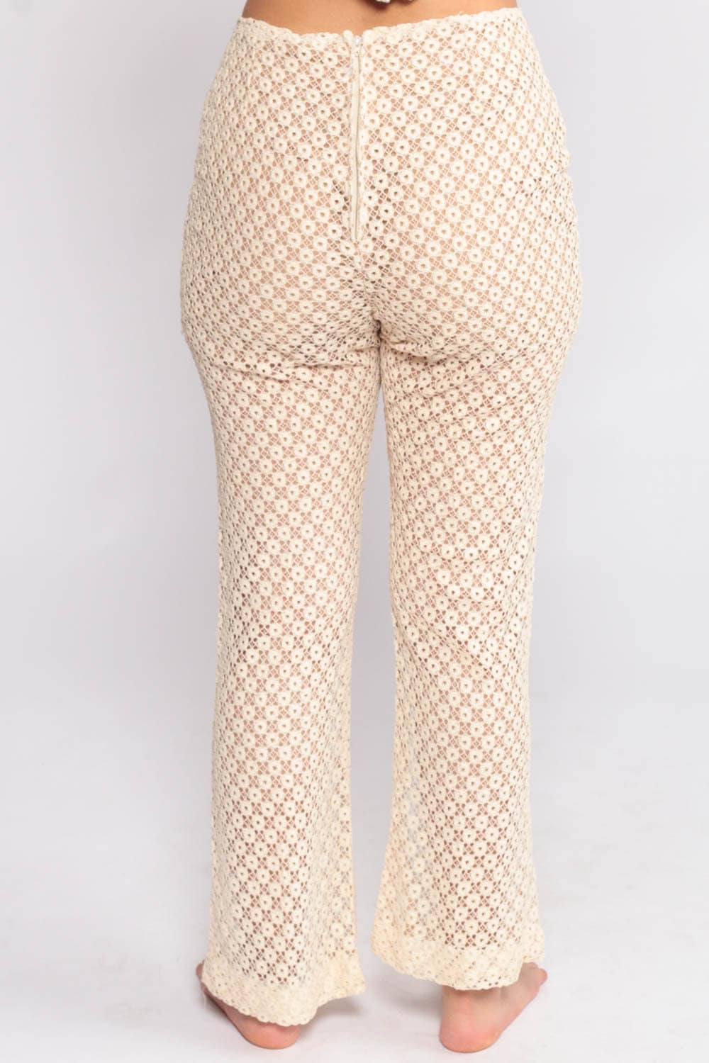 70s Cream Lace Cutout Bell Bottom Pants High Waisted Small Medium