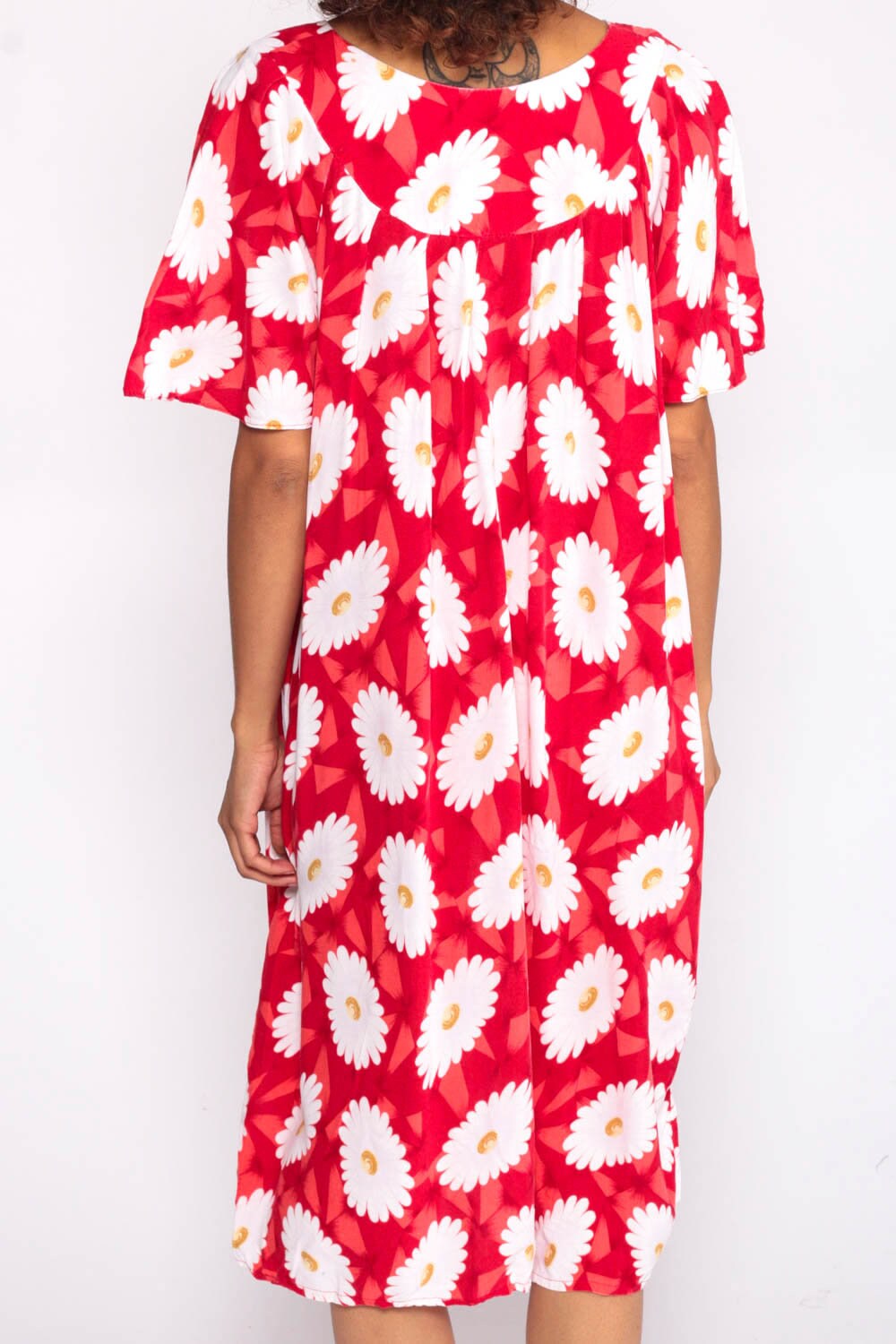 90s Red Floral Midi Dress Rayon Trapeze Shirt Dress White Print Small