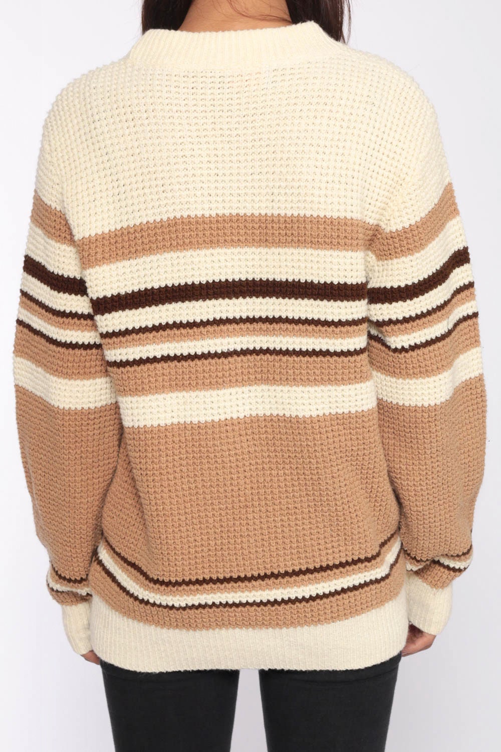 80s Cream Brown Striped Knit Pullover Sweater Unisex Small Medium