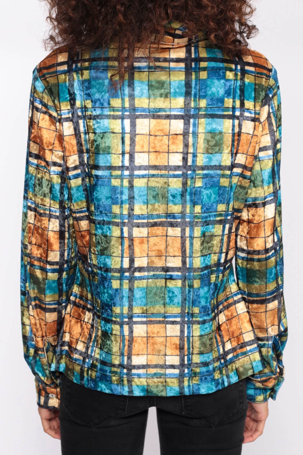90s Plaid Velvet Button-Up Blouse Blue Long Sleeve Small