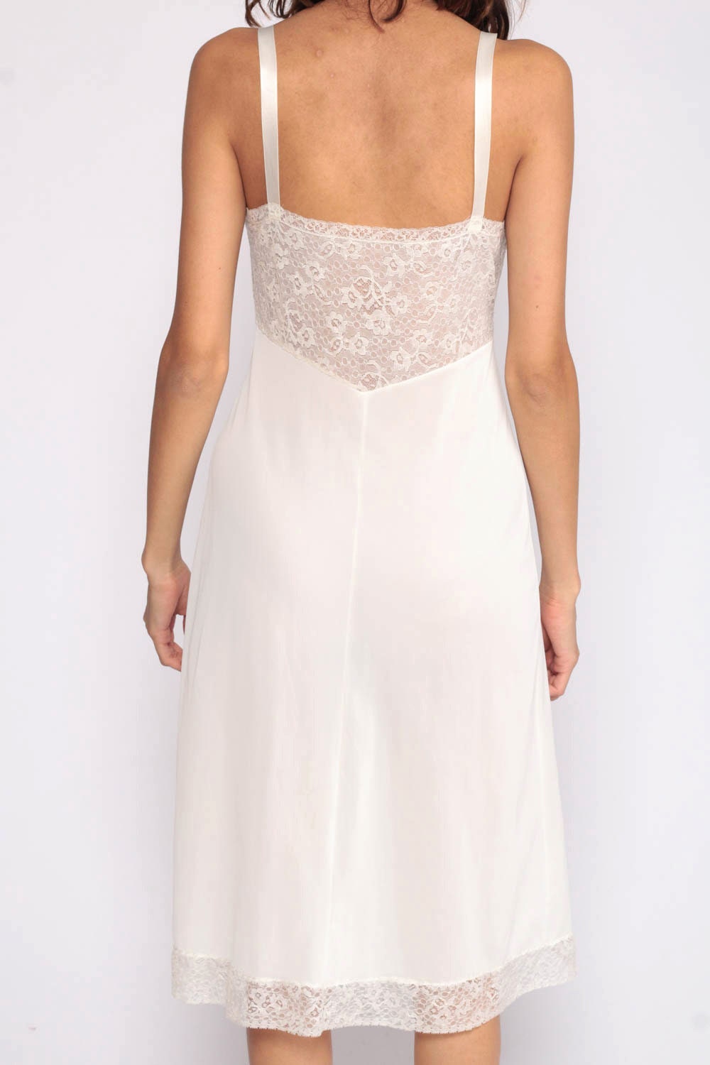 70s 80s Lace Slip Dress Off-White Midi Empire Waist Deep V Small