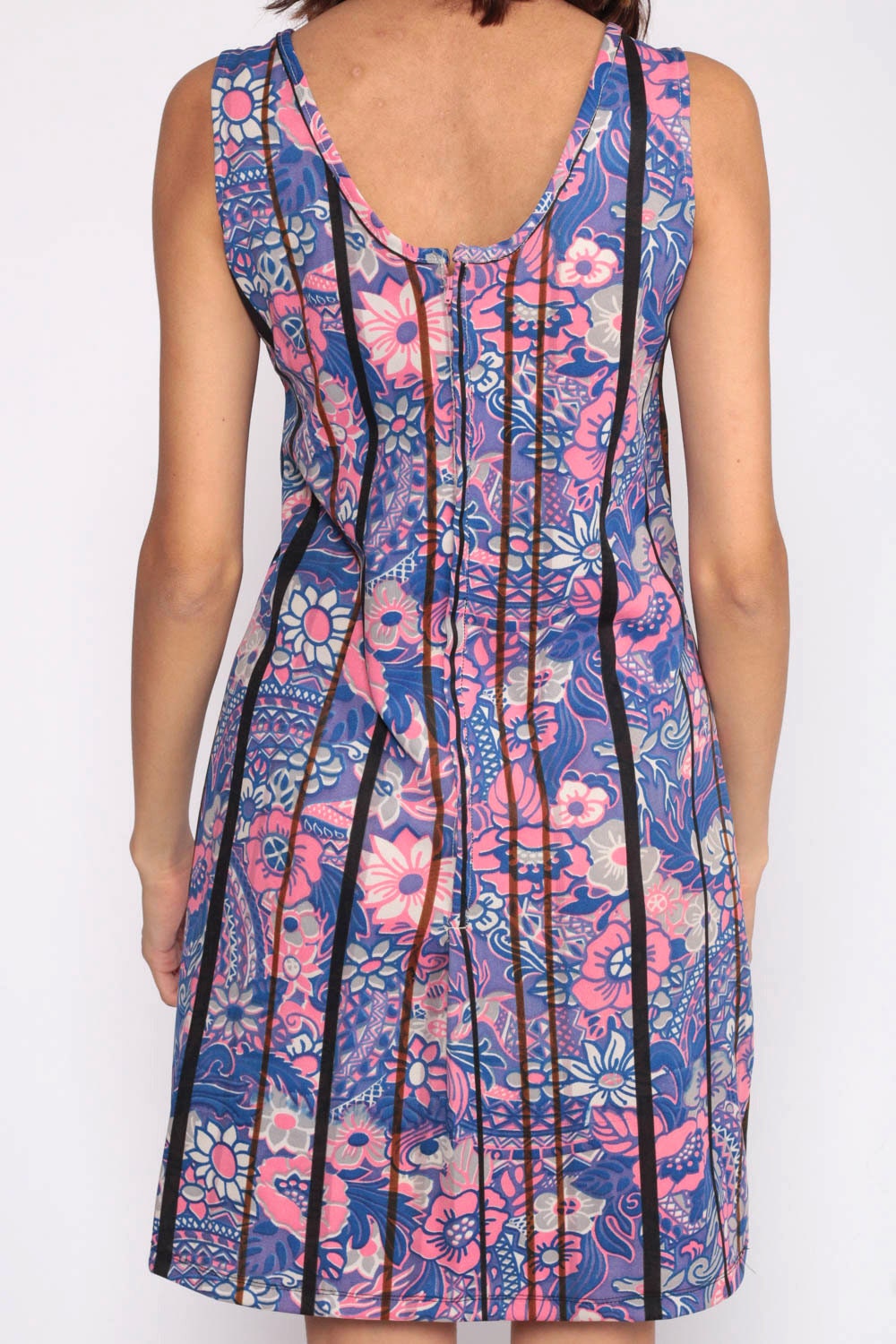 70s Purple Blue Floral Mini Dress Empire Waist Sheath Sleeveless Medium