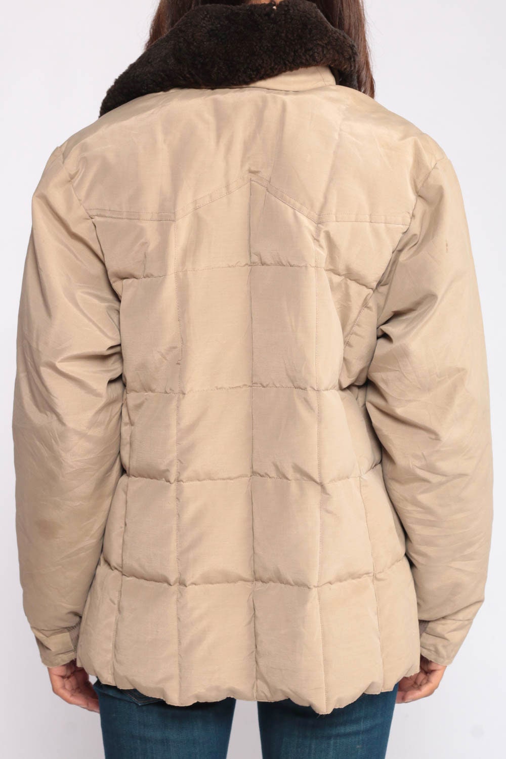 70s 80s Tan Down Puffer Jacket Sherpa Collar Ski Coat Medium Large