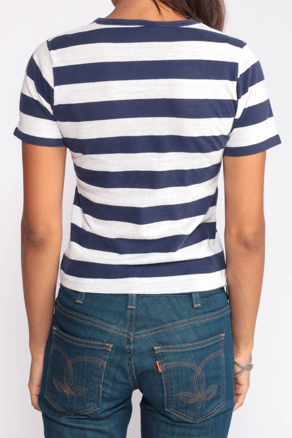 80s Munsingwear Striped Ringer T-Shirt Blue White Paper Thin Extra Small