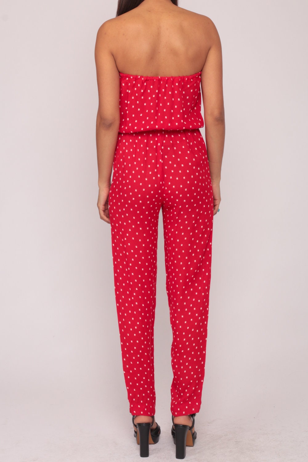 80s Strapless Jumpsuit Red Geometric High Waist Tapered Pant Small