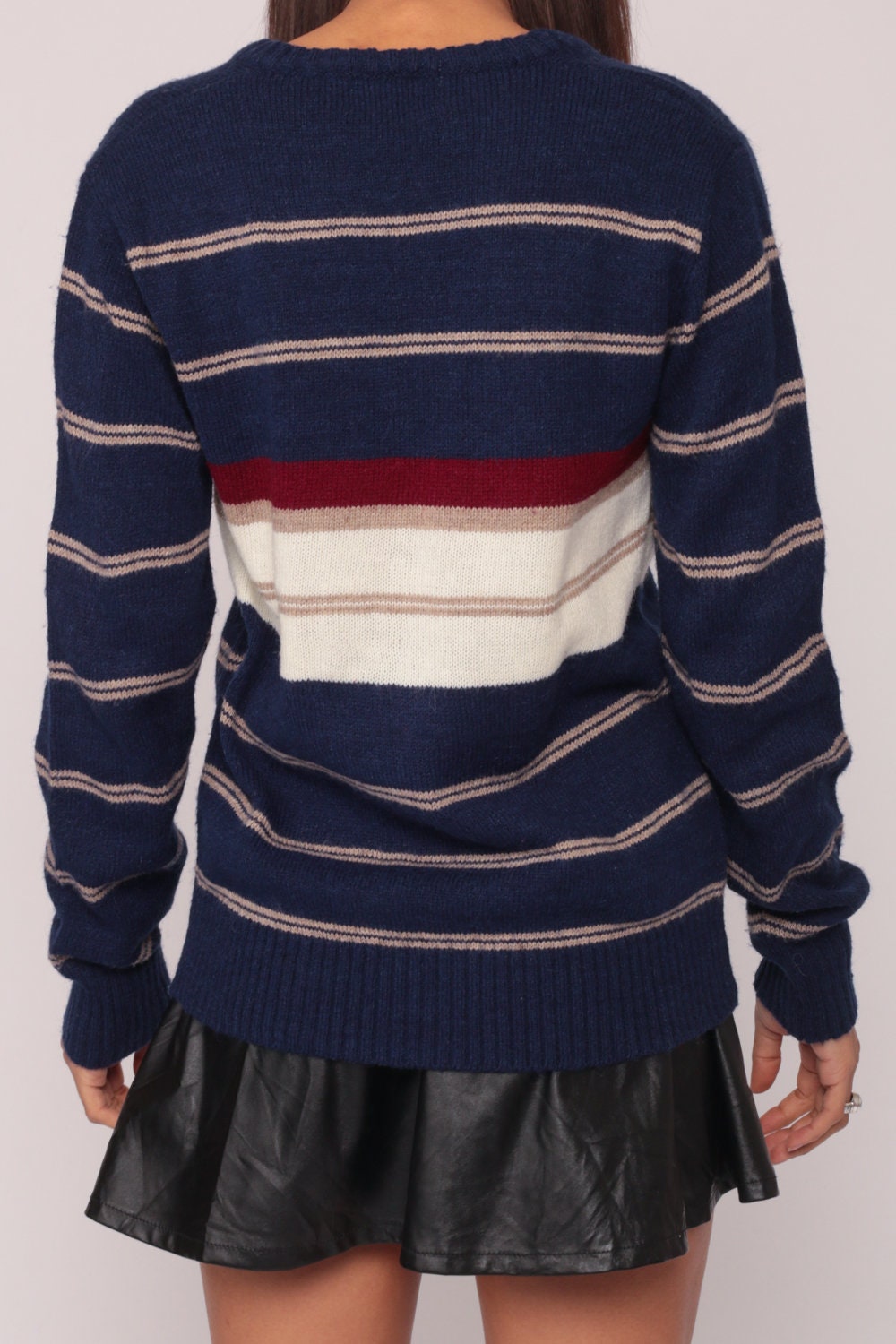 80s Striped V-Neck Sweater Navy Blue Red White Knit Pullover Medium