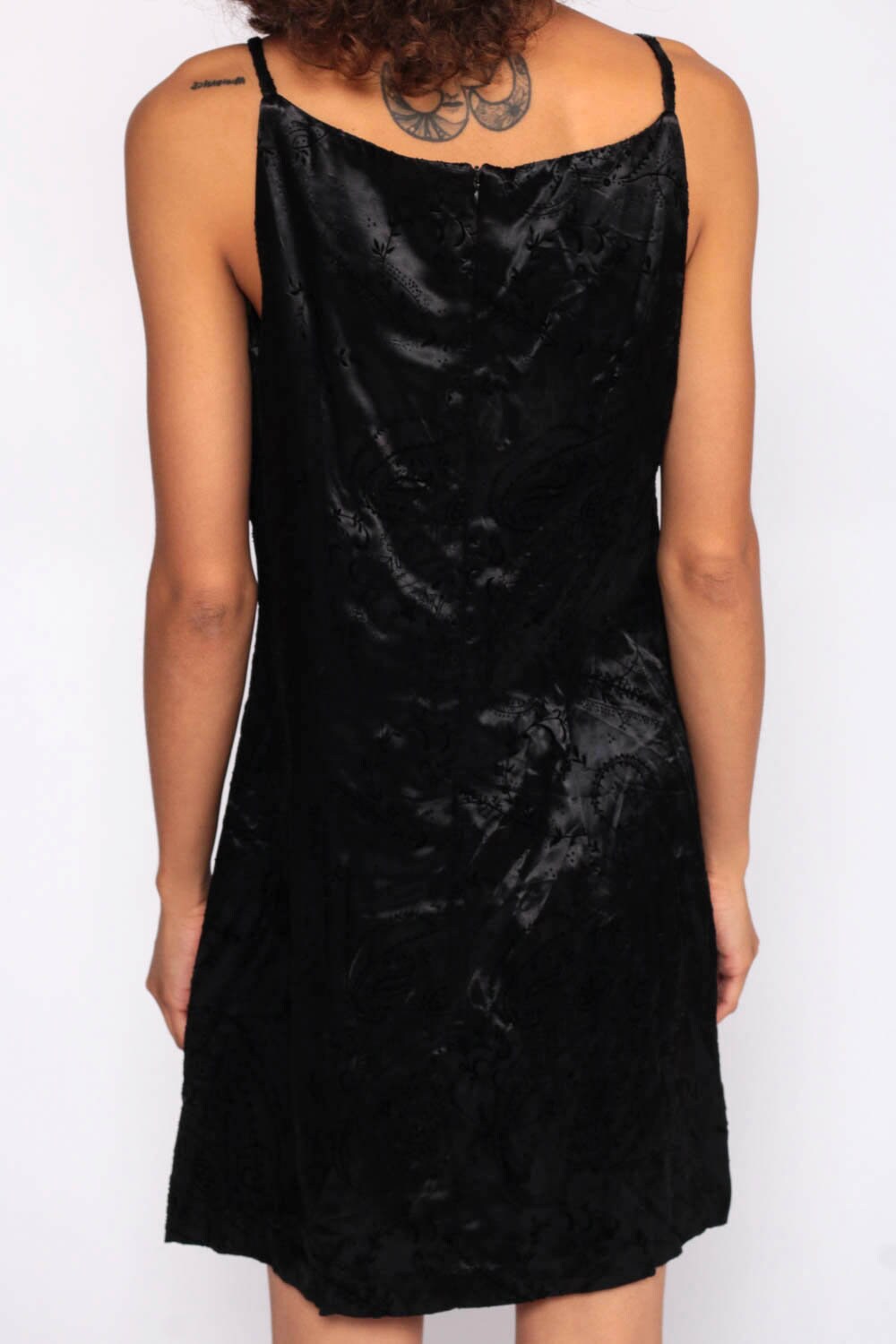 90s Black Satin Mini Dress Paisley Flocked Velvet Sleeveless Shift Small