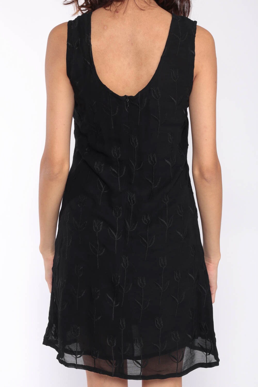 90s Black Floral Embroidered Viscose Mini Shift Dress Sleeveless Small